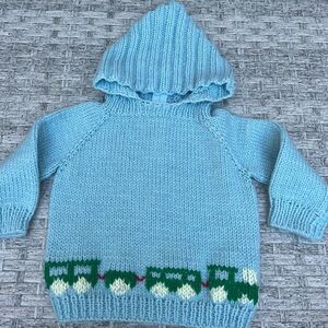 Handmade light blue knitted hoodie with cute details, back zipper, 12x12 in